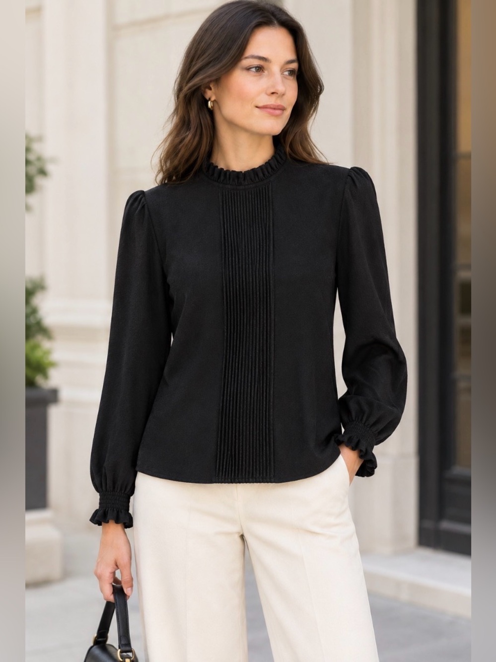 NWOT CeCe Black Pleated Front Long-Sleeve Blouse